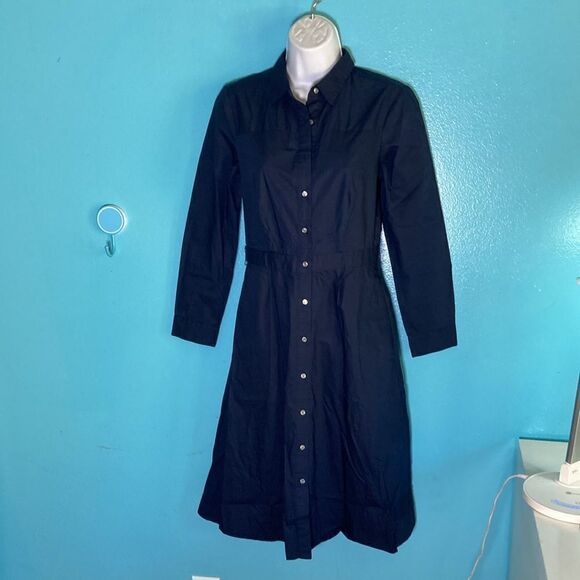 J. Crew Navy Blue Dress Size 2 Long Sleeve Button Front Fit Flare - Picture 1 of 11